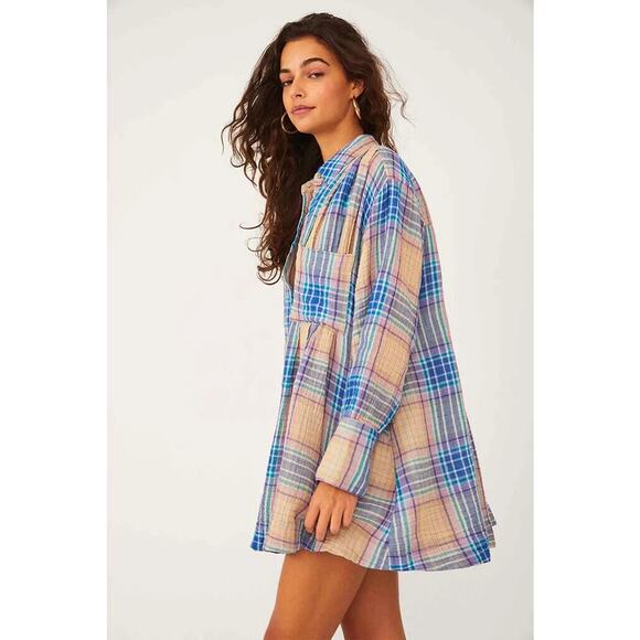 Free People The Voyage Shirtdress Gauze Plaid Blue in Sunrise Combo Size XS - Picture 3 of 14